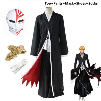 Black and white ichigo kurosaki cosplay costume with red lining long coat matching pants and mask included set