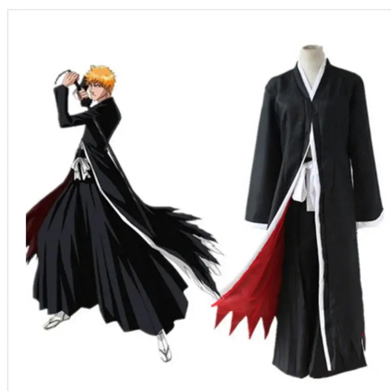 Black and white ichigo kurosaki cosplay costume set with red accents and long coat design mask included
