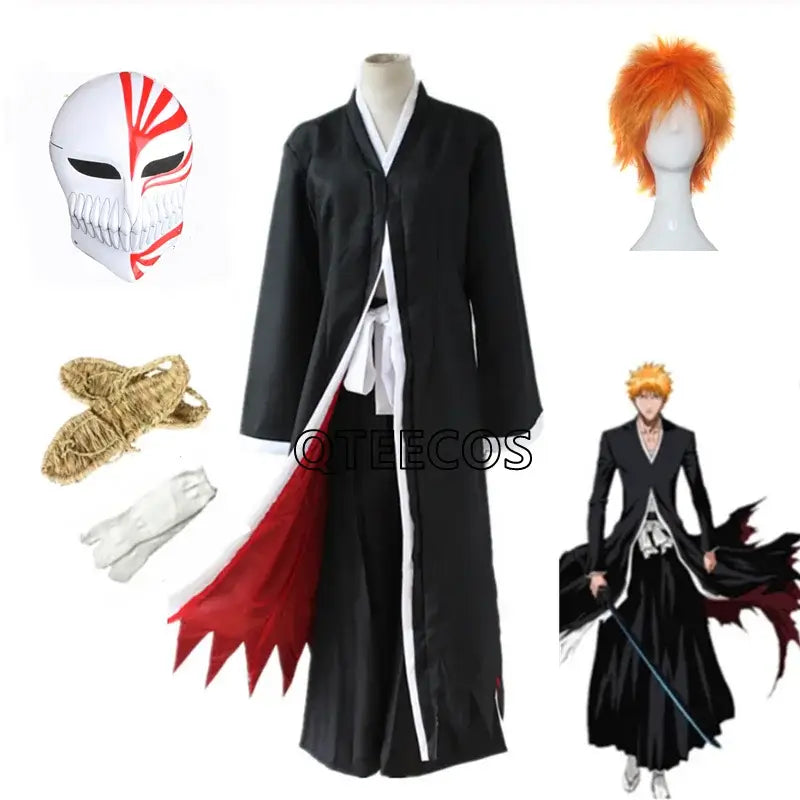 Black and white shinigami cosplay outfit with red lining and mask included for ichigo kurosaki cosplay costume set