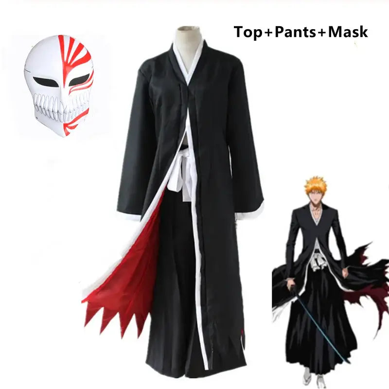 Bleach ichigo kurosaki cosplay costume set includes black and white shinigami outfit with red accents and matching mask
