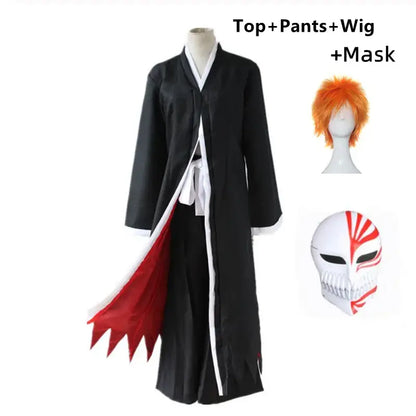 Black and white ichigo kurosaki cosplay costume with red lining long coat orange wig and white mask with red markings