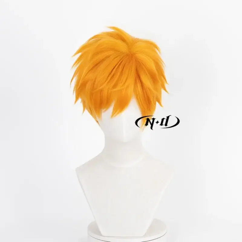 Vibrant orange heat resistant ichigo kurosaki cosplay wig with spiky textured styling on white mannequin bust