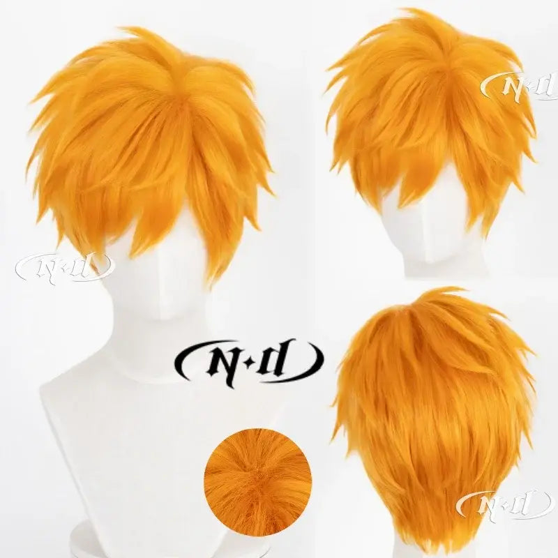 Vibrant orange heat resistant ichigo kurosaki cosplay wig with spiky textured layers and a tousled look