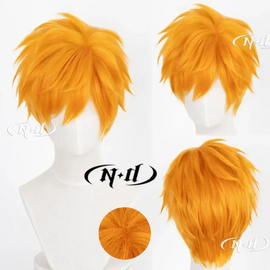 Vibrant orange heat resistant ichigo kurosaki cosplay wig with spiky textured layers and a tousled look