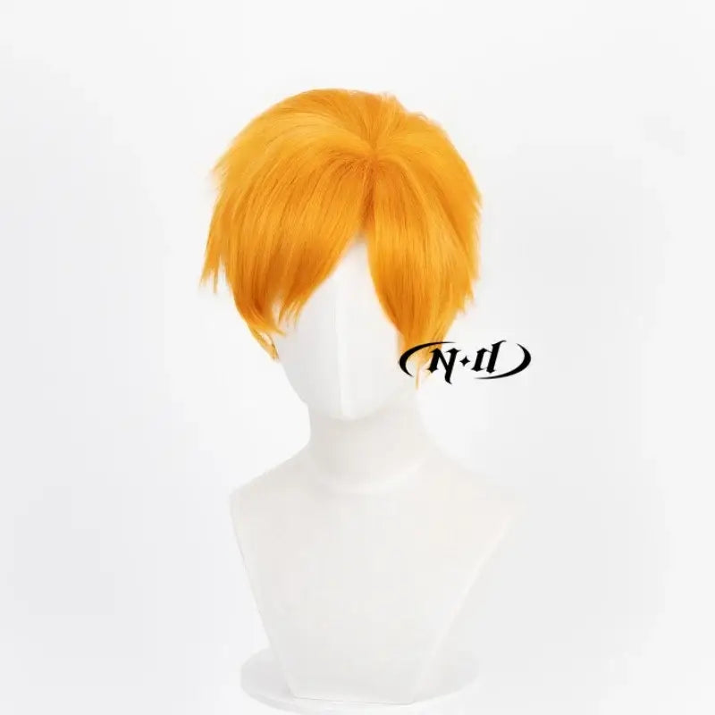 Vibrant orange heat resistant ichigo kurosaki cosplay wig with a short layered cut on a mannequin head