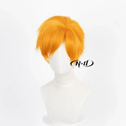 Vibrant orange heat resistant ichigo kurosaki cosplay wig with a short layered cut on a mannequin head