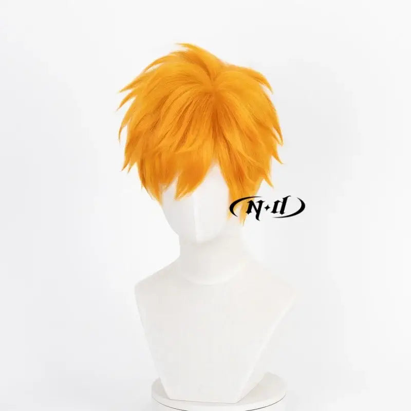 Vibrant orange heat resistant ichigo kurosaki cosplay wig with spiky textured styling on white mannequin bust