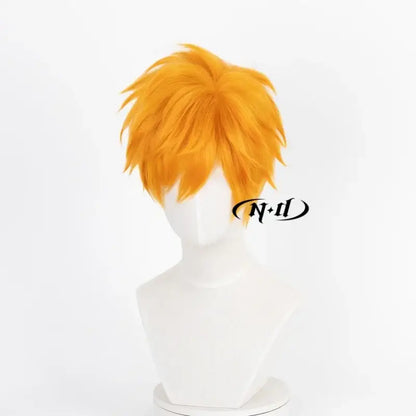 Vibrant orange heat resistant ichigo kurosaki cosplay wig with spiky textured styling on white mannequin bust