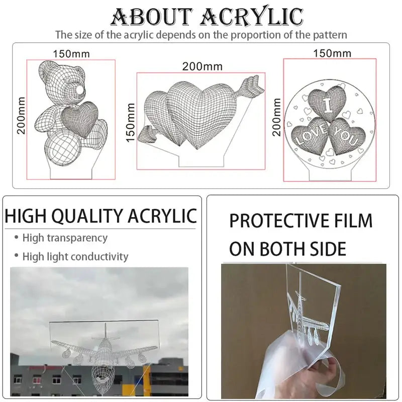 Bleach Ichigo Kurosaki 3D acrylic night light with clear wireframe teddy bear heart and airplane designs, finger touch and remote control