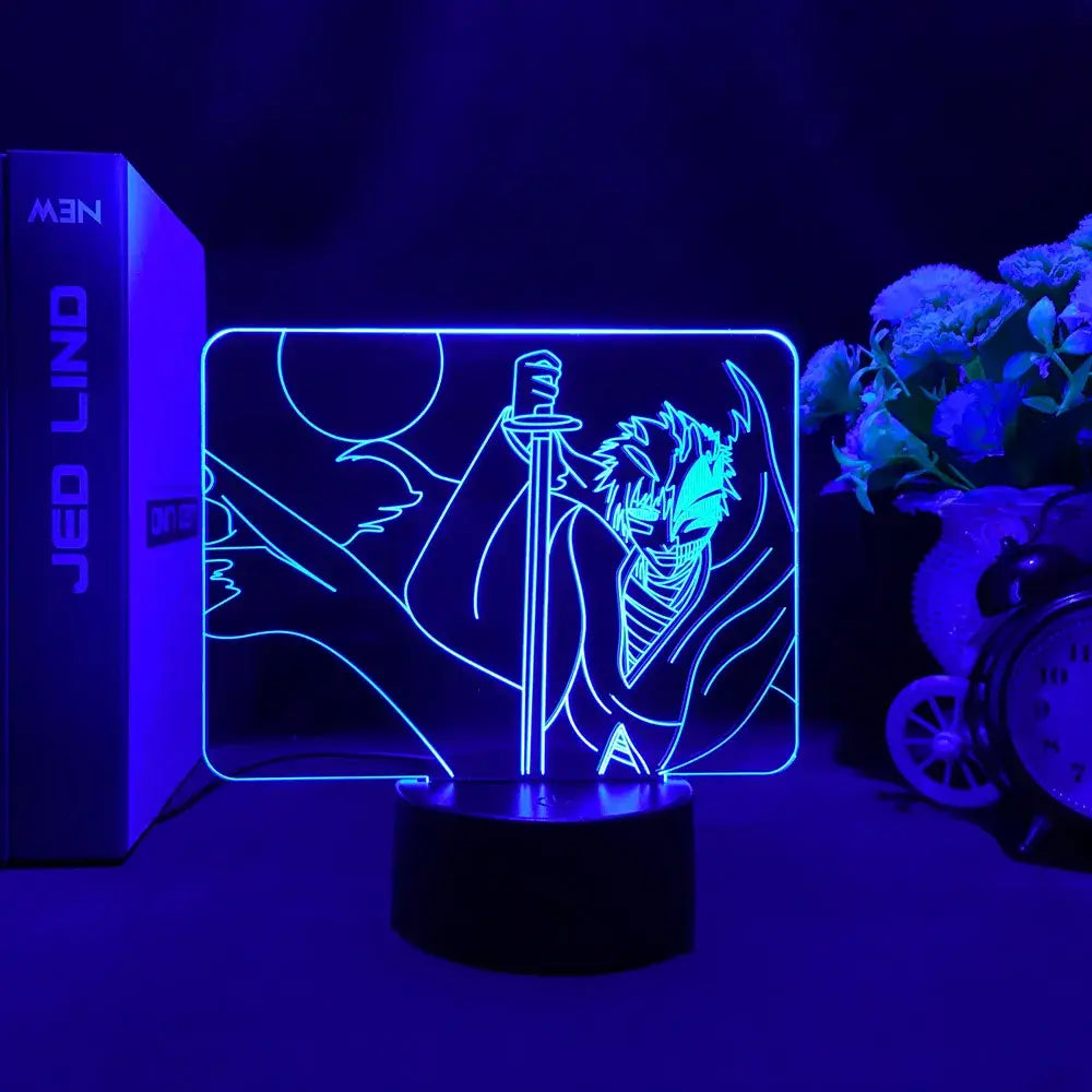 Blue neon-lit bleach ichigo kurosaki 3d acrylic led night light with finger touch and remote control features