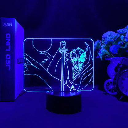 Blue neon-lit bleach ichigo kurosaki 3d acrylic led night light with finger touch and remote control features
