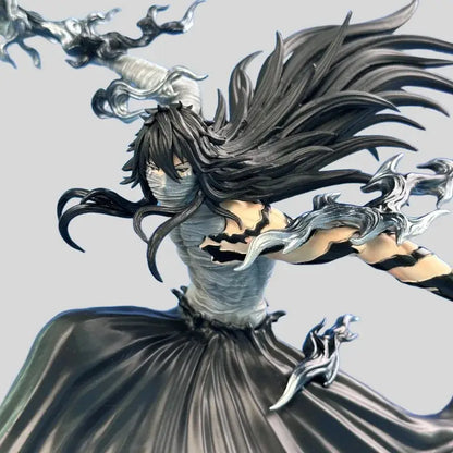 Bleach ichigo kurosaki pvc statue featuring black-haired figure in silver armor and flowing black cape from moonless combat