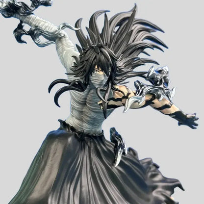 Bleach ichigo kurosaki pvc statue with black hair silver armor and flowing gray skirt posed mid-action in moonless combat