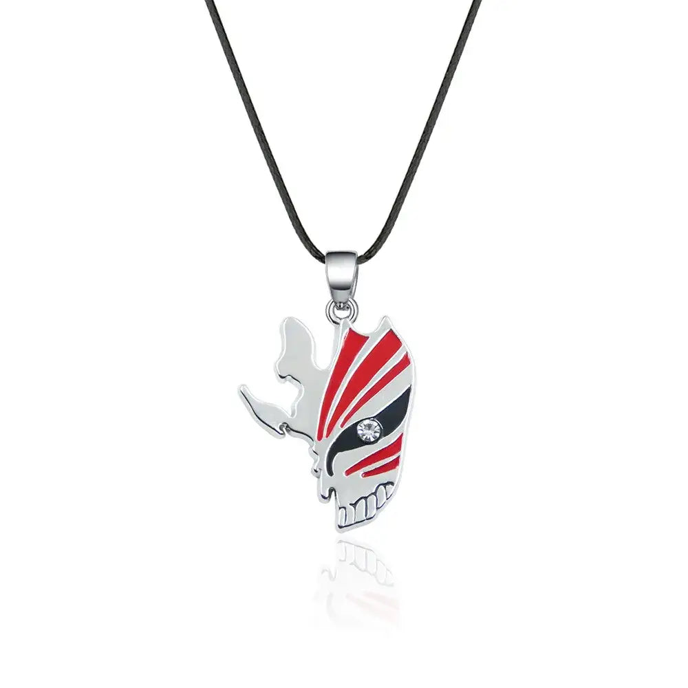 Bleach ichigo mask necklace with durable zinc alloy silver and red enamel skull pendant and clear gemstone eye on black cord
