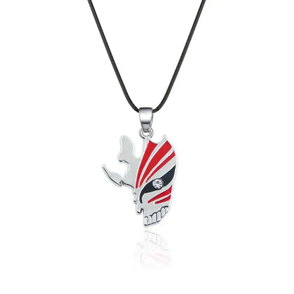 Bleach ichigo mask necklace with durable zinc alloy silver and red enamel skull pendant and clear gemstone eye on black cord