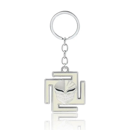 Silver durable zinc alloy keychain with stylized smiling skull emblem in angular frame bleach ichigo mask necklace cosplay accessory