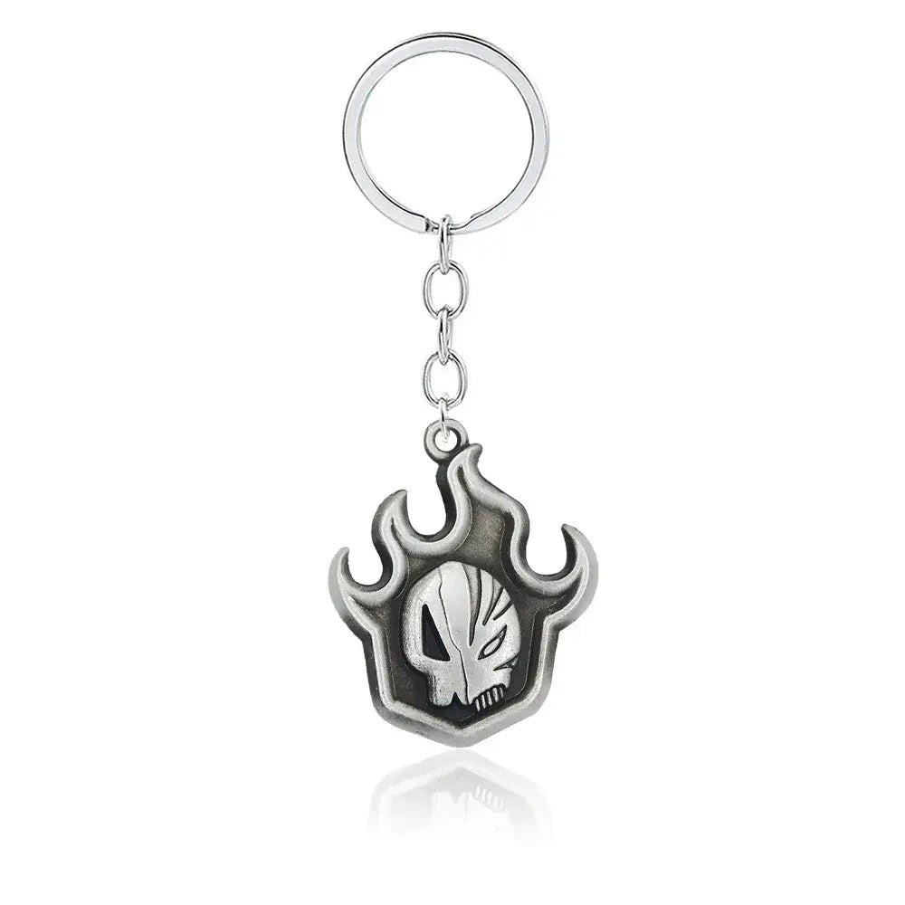 Silver metallic bleach ichigo mask necklace with flame-shaped embossed skull pendant made of durable zinc alloy