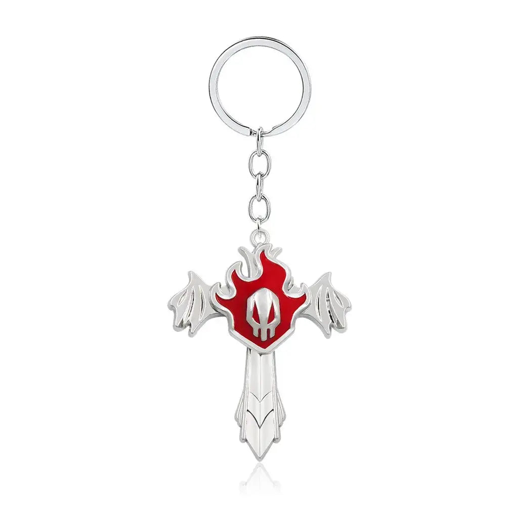 Silver cross-shaped bleach ichigo mask necklace with red flame and white skull emblem made of durable zinc alloy