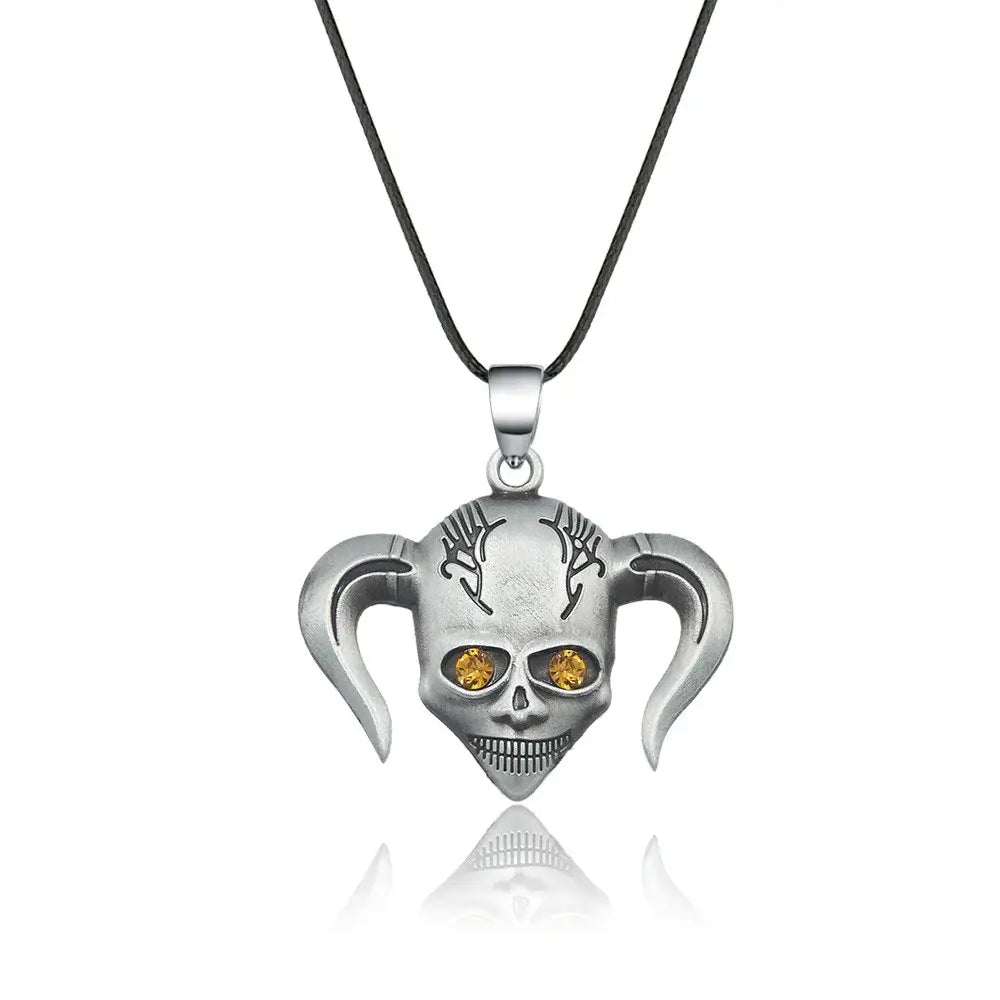 Silver skull mask necklace with orange gemstone eyes and stylized horns made of durable zinc alloy for cosplay use