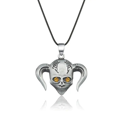 Silver skull mask necklace with orange gemstone eyes and stylized horns made of durable zinc alloy for cosplay use