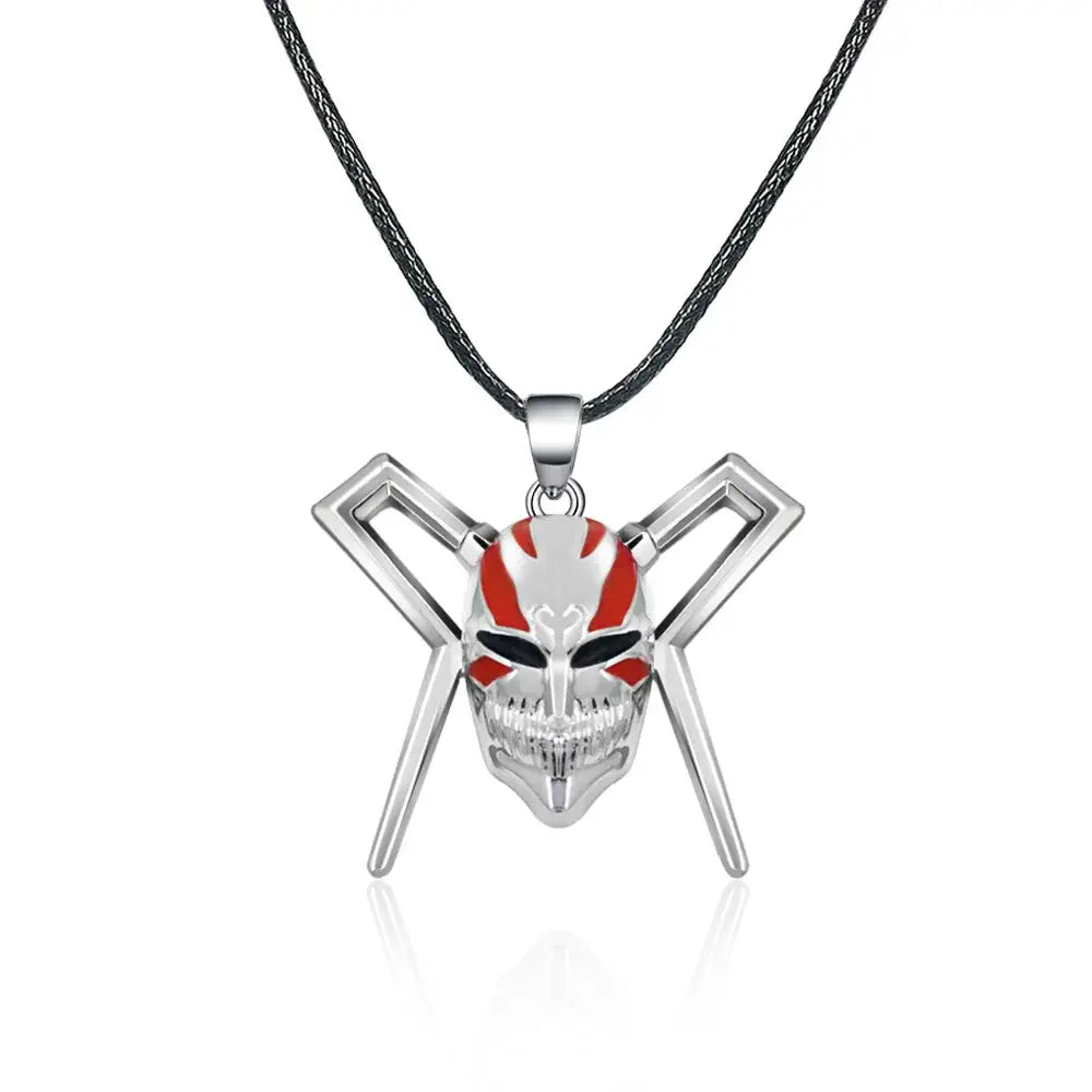 Silver skull bleach ichigo mask necklace with red and black enamel on durable zinc alloy and black braided cord