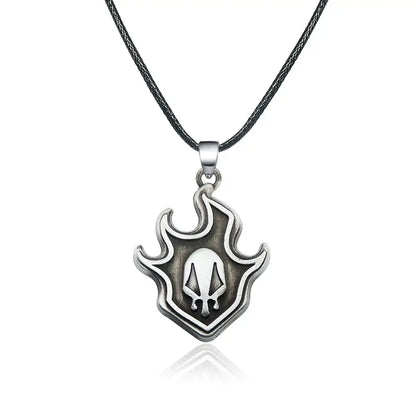 Silver flame-shaped bleach ichigo mask necklace with skull design on durable zinc alloy from black braided cord