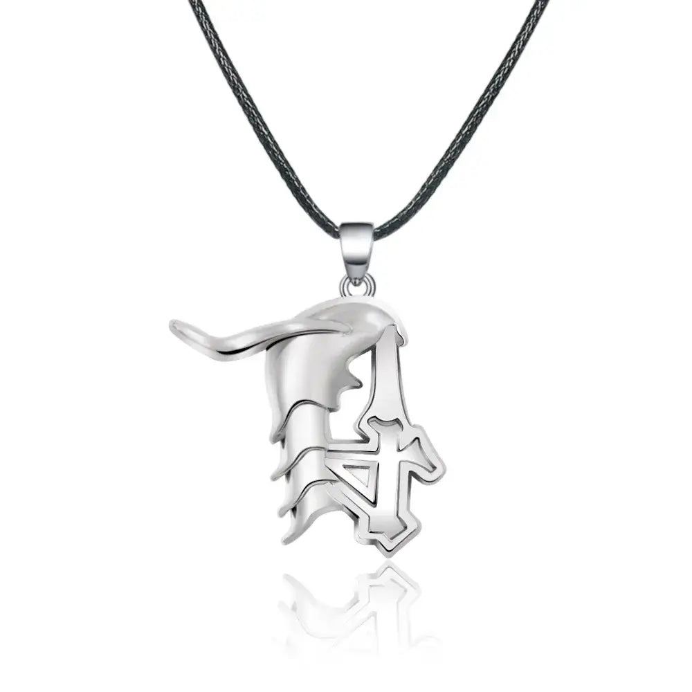 Silver metallic bleach ichigo mask necklace with angular cross and wing design made of durable zinc alloy cosplay accessory