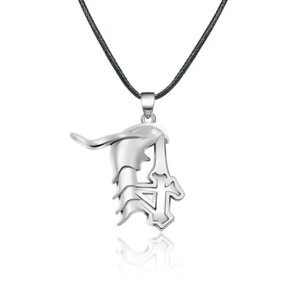 Silver metallic bleach ichigo mask necklace with angular cross and wing design made of durable zinc alloy cosplay accessory