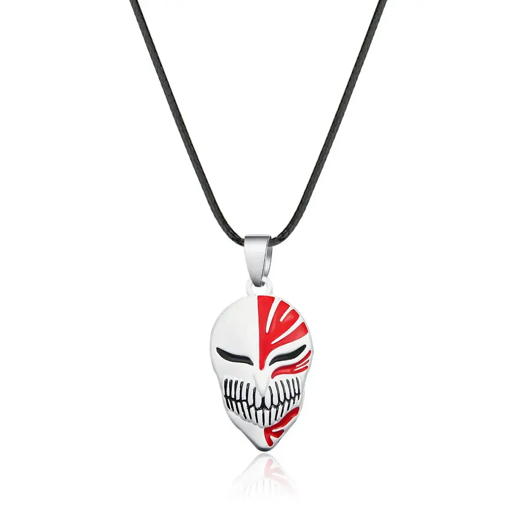 Bleach ichigo mask necklace with a durable zinc alloy silver and red skull pendant on black cord cosplay accessory