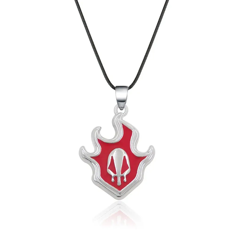 Bleach ichigo mask necklace with durable zinc alloy red and silver flame pendant and central skull on black cord