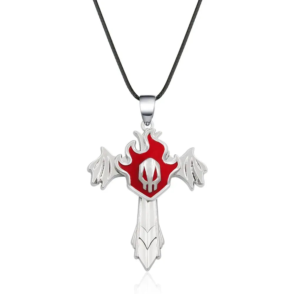 Silver cross mask necklace with red flame and skull emblem on black cord made of durable zinc alloy for cosplay accessory