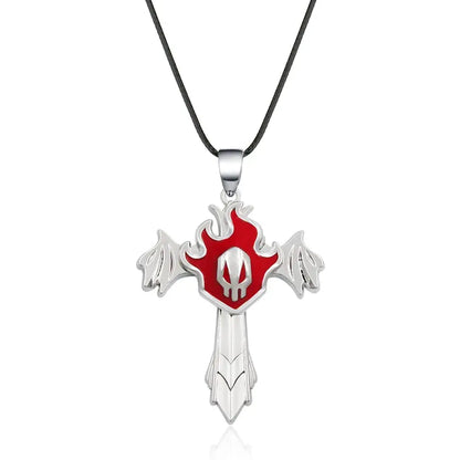 Silver cross mask necklace with red flame and skull emblem on black cord made of durable zinc alloy for cosplay accessory