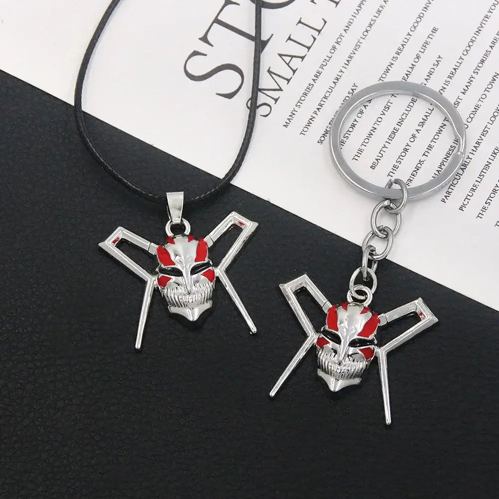 Bleach ichigo mask necklace featuring a silver and red skull design with crossed swords made of durable zinc alloy
