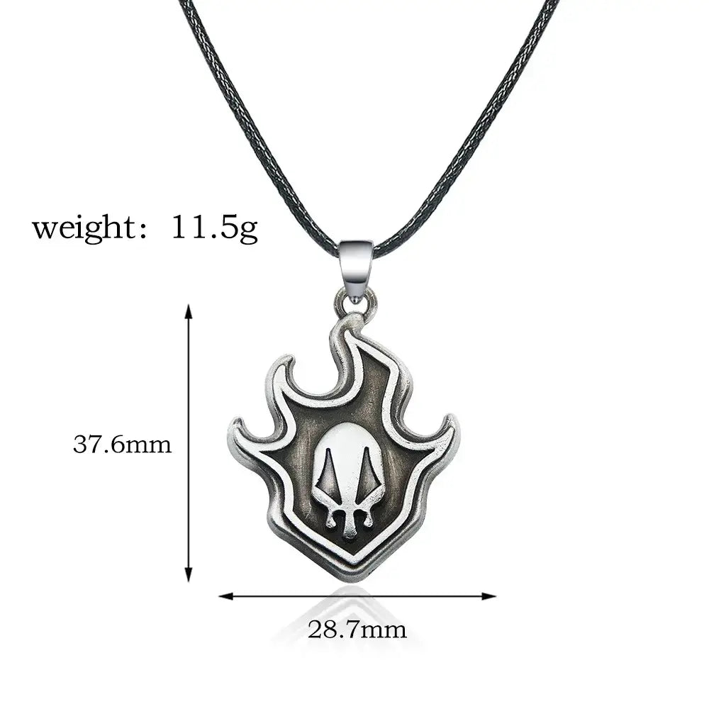 Silver-toned flame-shaped bleach ichigo mask necklace with skull motif on durable zinc alloy and black braided cord