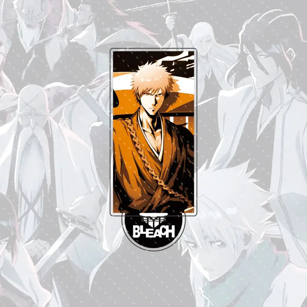 Bleach ichigo and orihime orange and brown anime acrylic stand figure on compact 15cm card with bleach logo below