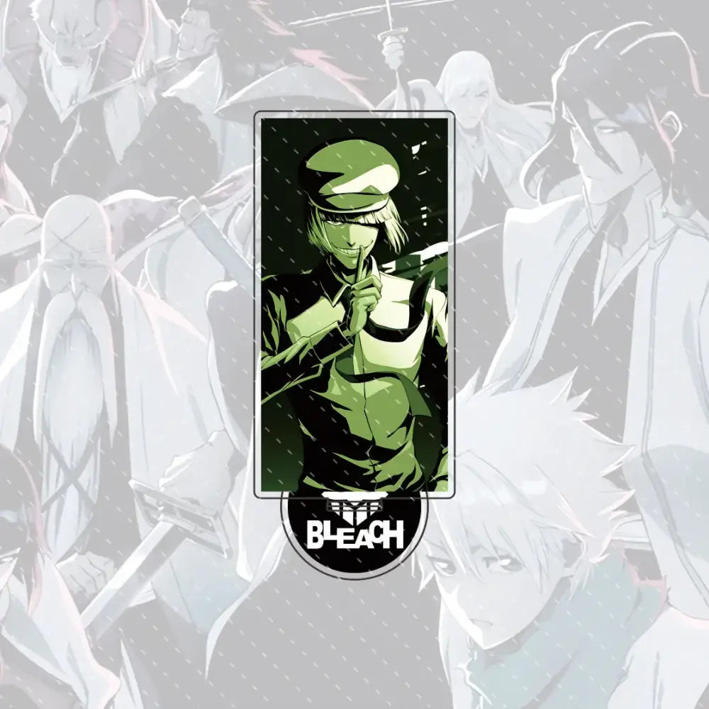 Green anime character acrylic stand figure in uniform with bleach logo compact 15cm acrylic stand product