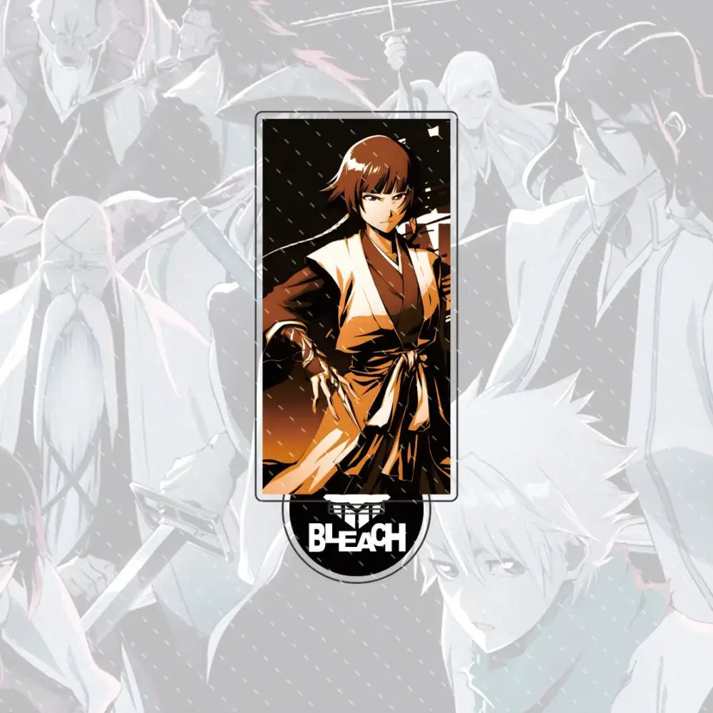 Rectangular acrylic stand figure featuring bleach ichigo in brown and white robe with dark sash compact 15cm