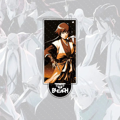 Rectangular acrylic stand figure featuring bleach ichigo in brown and white robe with dark sash compact 15cm