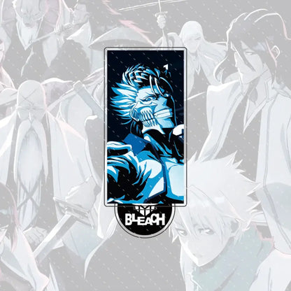 Blue and black acrylic stand figure of stylized spiky-haired ichigo with sharp teeth in compact 15cm size