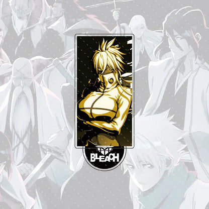 Golden bleach ichigo acrylic stand figure with spiky hair and armored outfit featuring bleach logo below