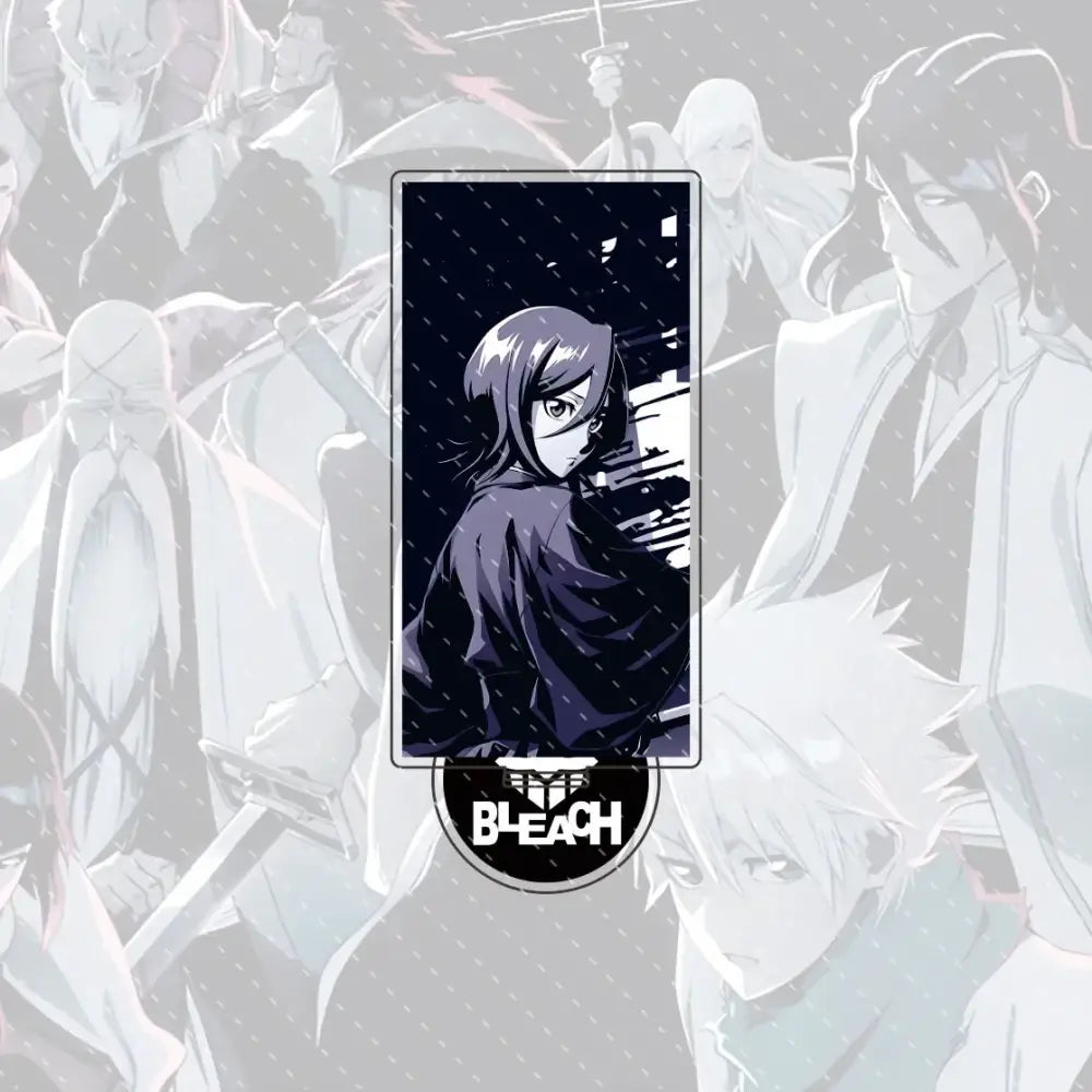 Black and white acrylic stand figure of stylized anime character in dark robes on rainy night compact 15cm bleachd ichigo orihime