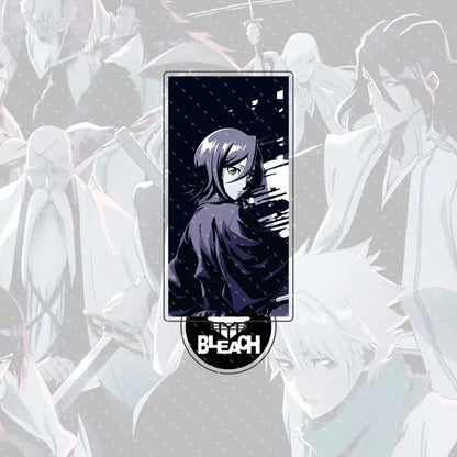 Black and white acrylic stand figure of stylized anime character in dark robes on rainy night compact 15cm bleachd ichigo orihime