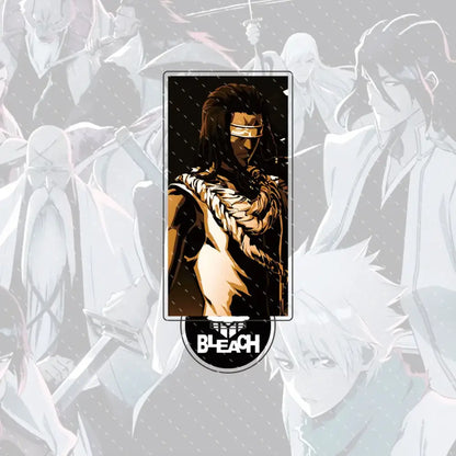 Rectangular acrylic stand figure of bleach character byakuya kuchiki with dark hair and eye patch on black background, compact 15cm