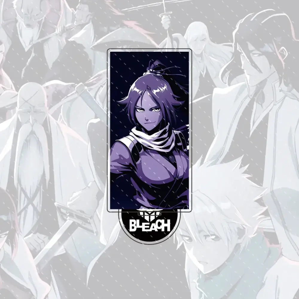 Bleach ichigo and orihime acrylic stand figure with purple anime character pin and dark hair on black background