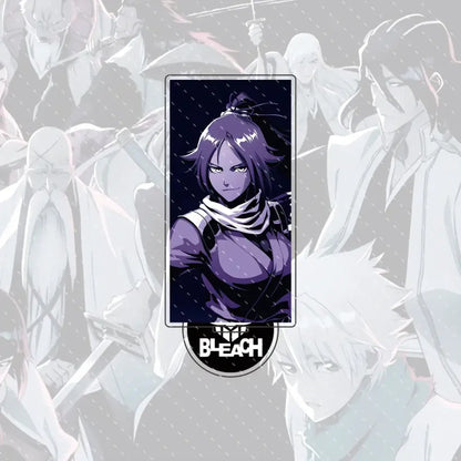 Bleach ichigo and orihime acrylic stand figure with purple anime character pin and dark hair on black background
