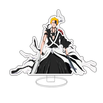 Black and white acrylic keychain standee featuring bleach ichigo with spiky blonde hair holding two swords
