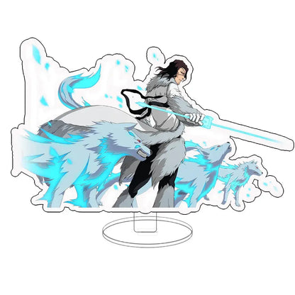 Clear acrylic keychain standee featuring bleach ichigo in gray fur-lined outfit with glowing blue sword and icy wolves