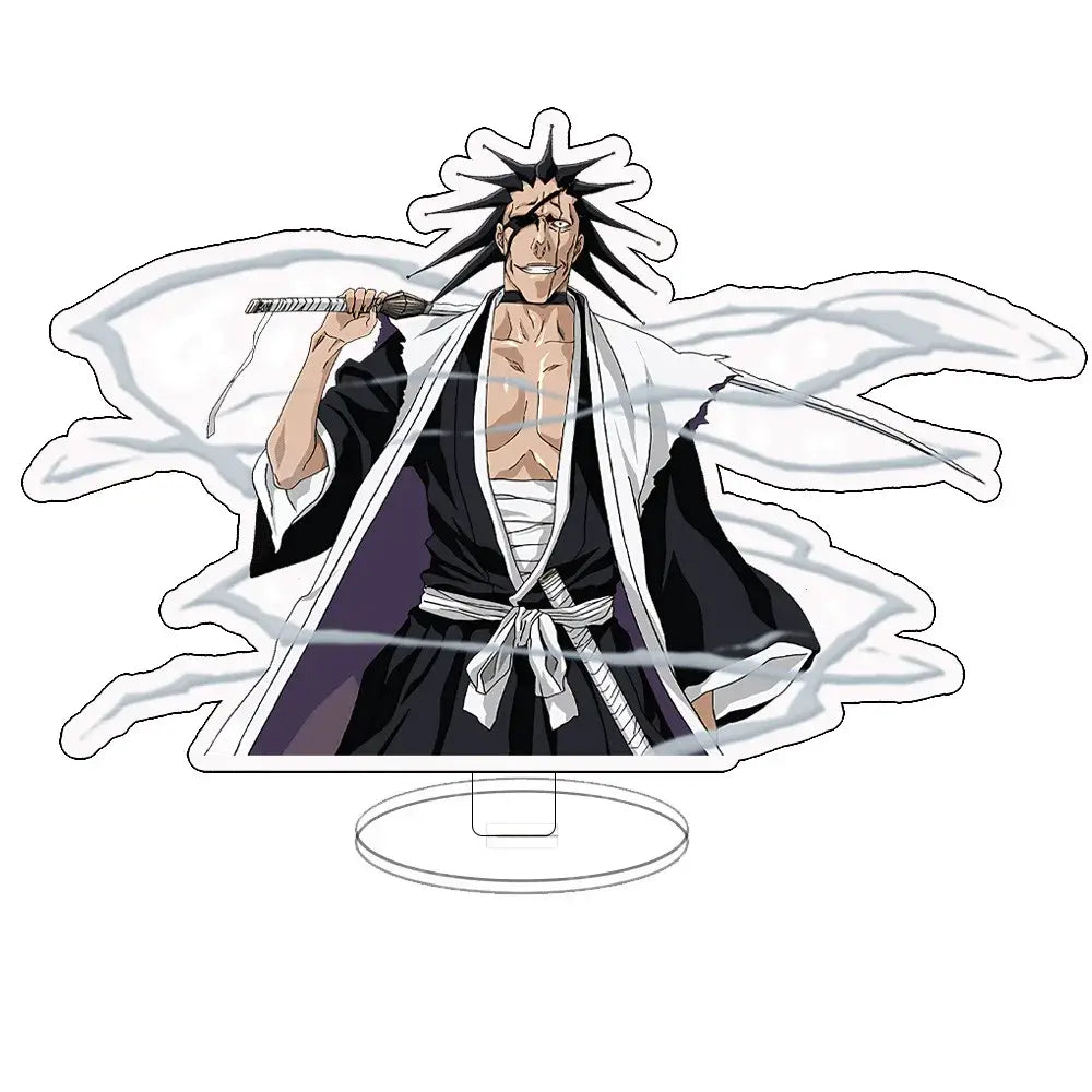 Black and white acrylic keychain standee of bleach ichigo kurosaki in soul reaper form holding zanpakutō with energy effects