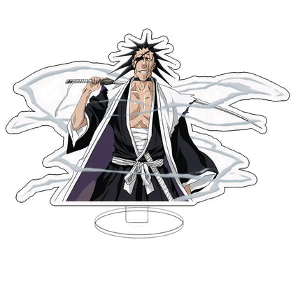 Black and white acrylic keychain standee of bleach ichigo kurosaki in soul reaper form holding zanpakutō with energy effects
