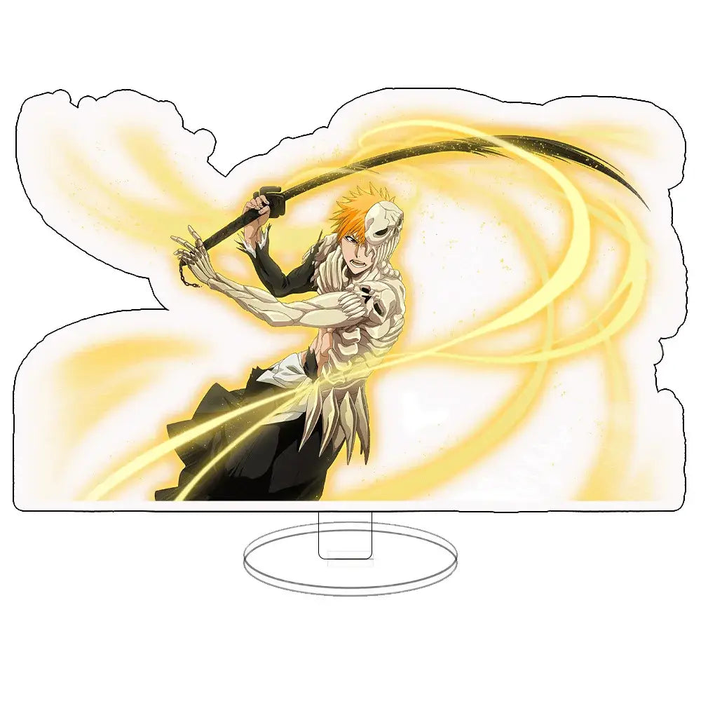 Translucent acrylic keychain standee featuring orange haired ichigo with white skull mask wielding sword and golden energy